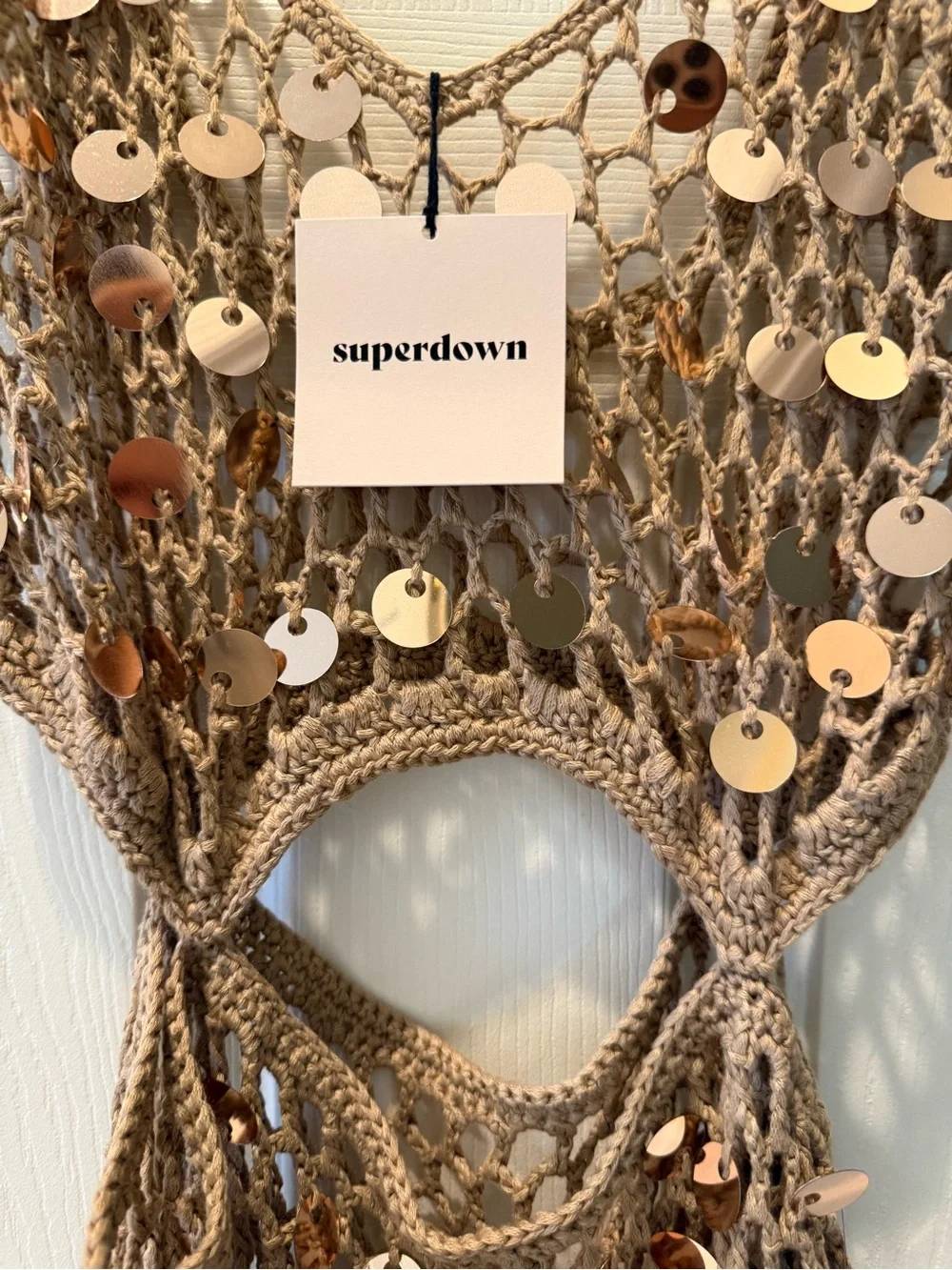 Superdown Gold Crochet Sequin Cutout Maxi Swim Coverup